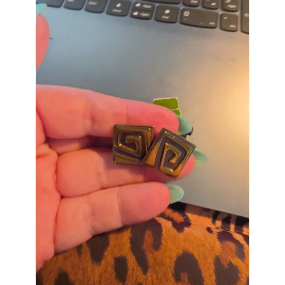 Vtg Mid Century Modern Cufflinks HOGAN BOLAS Modernist Greek Key Brass Enamel